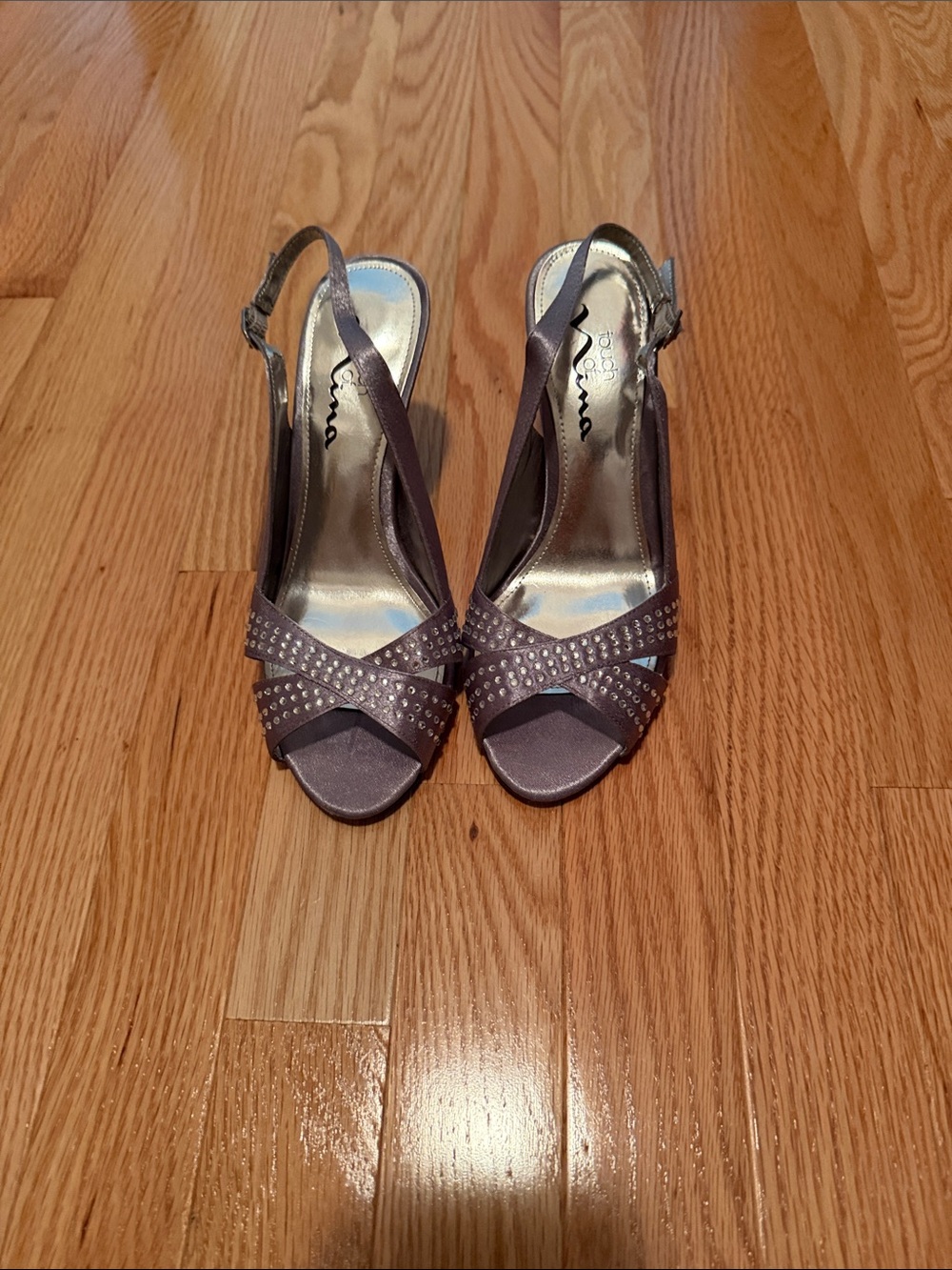 Touch of Nina Silver Satin Slingback Heels with Crystal Accents